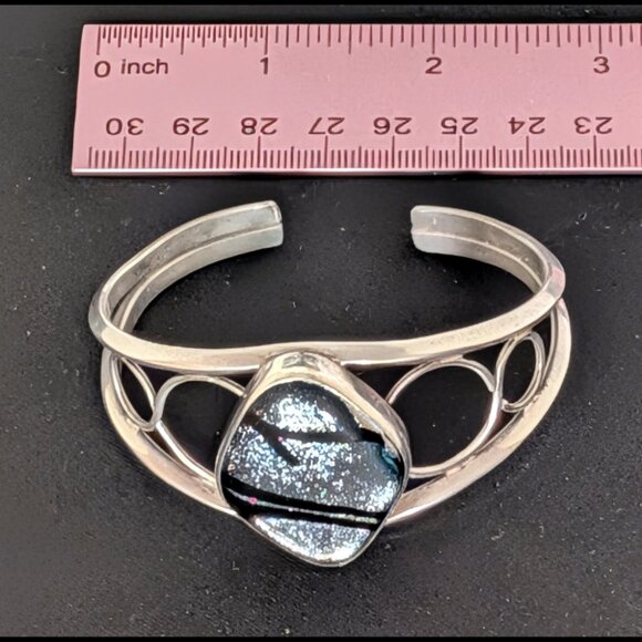 Large ART DECO Silver & Black Figure 8 Sterling Silver Dichroic Glass Bracelet - Picture 2 of 6
